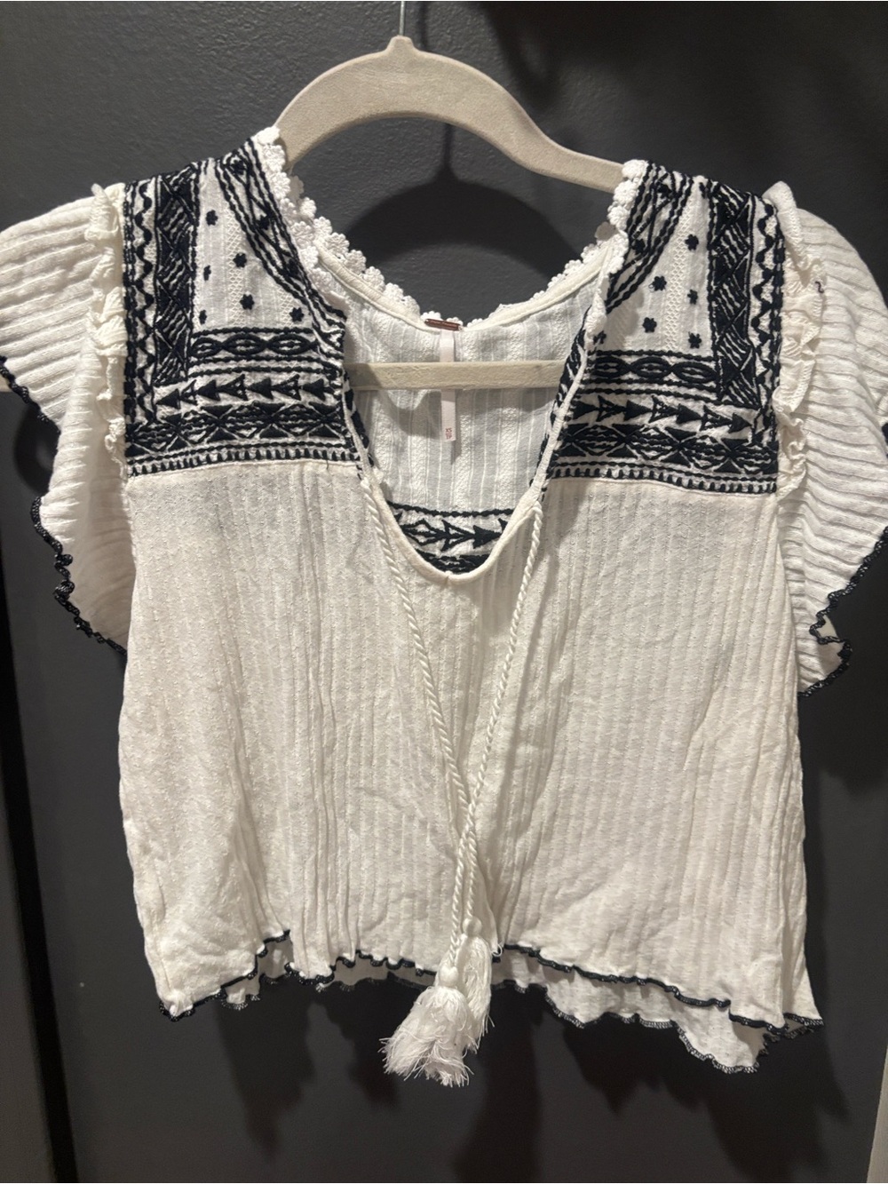 Free People Sarafina White Top with Black Embroidered Yoke and Tassel Tie